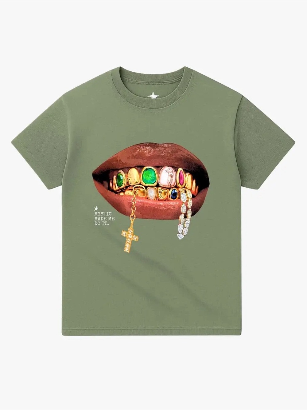 Mystic — Women's Olive Green Graphic Tee with Gold Grill Design